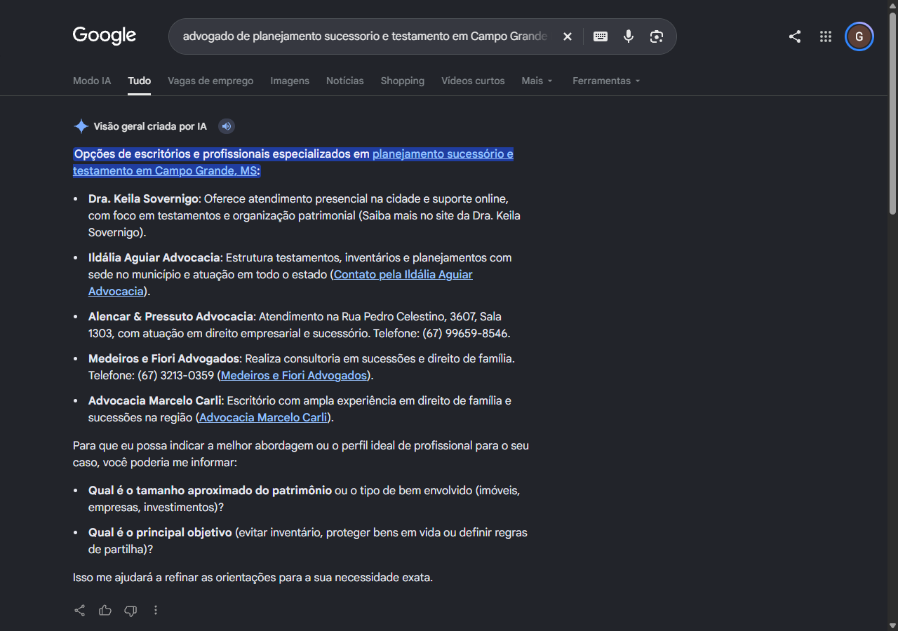 Print da Visao geral criada por IA do Google com a Dra. Keila Sovernigo como primeiro nome da lista de planejamento sucessorio e testamento em Campo Grande MS