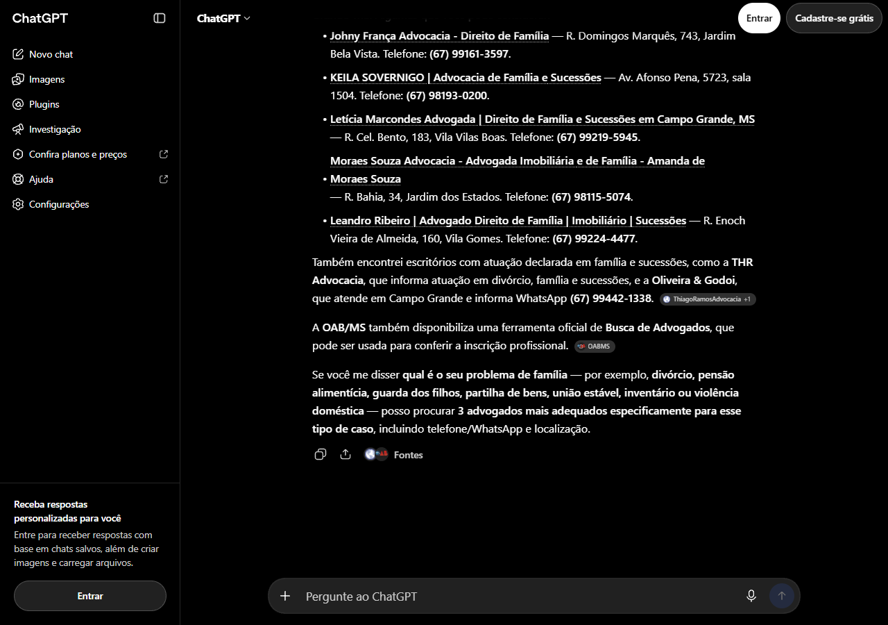 Print do ChatGPT listando KEILA SOVERNIGO Advocacia de Familia e Sucessoes em segundo entre cinco escritorios de familia em Campo Grande MS, com endereco e telefone