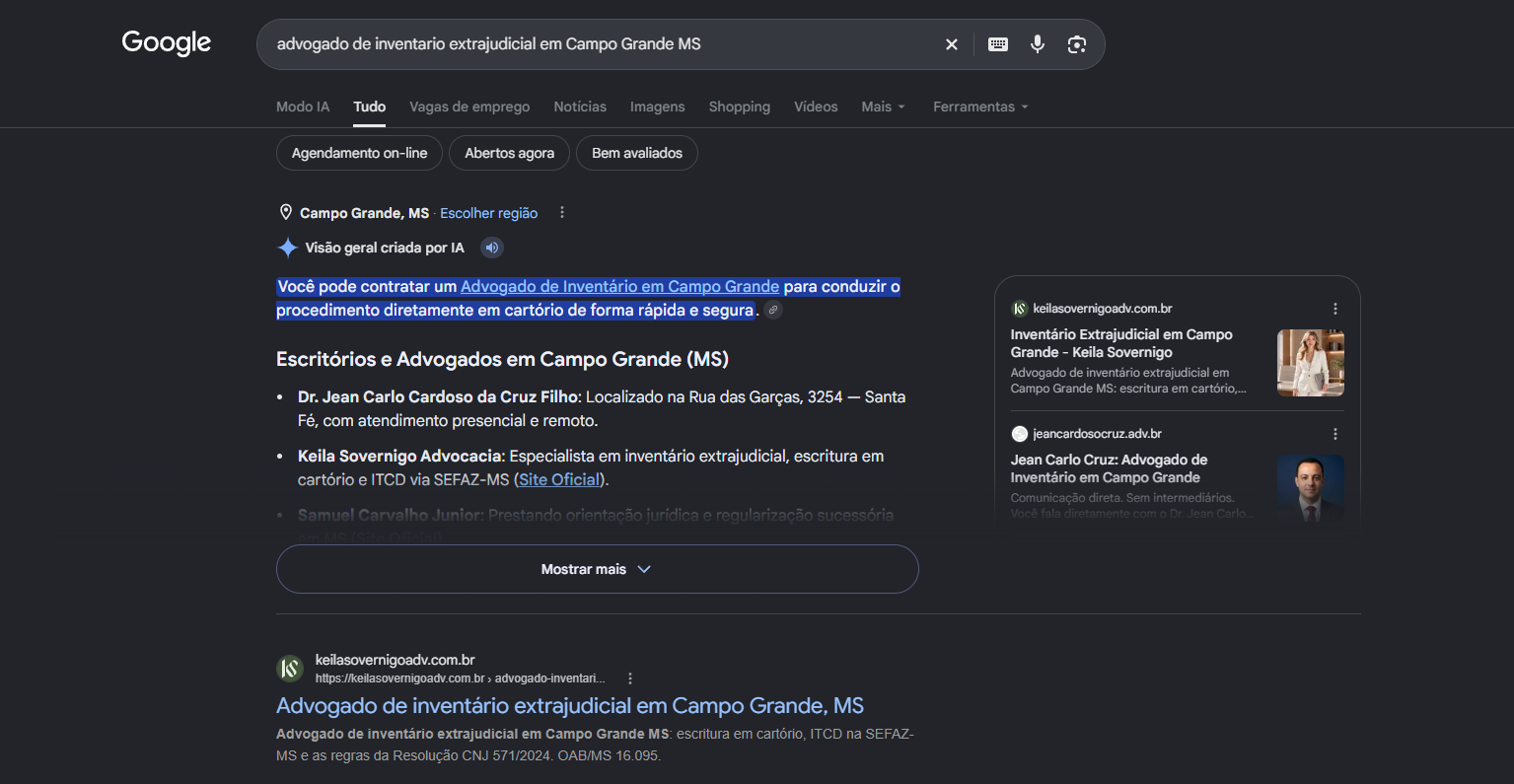 Print do Google com a Visao geral criada por IA citando Keila Sovernigo Advocacia e a pagina de inventario extrajudicial em primeiro no organico em Campo Grande MS