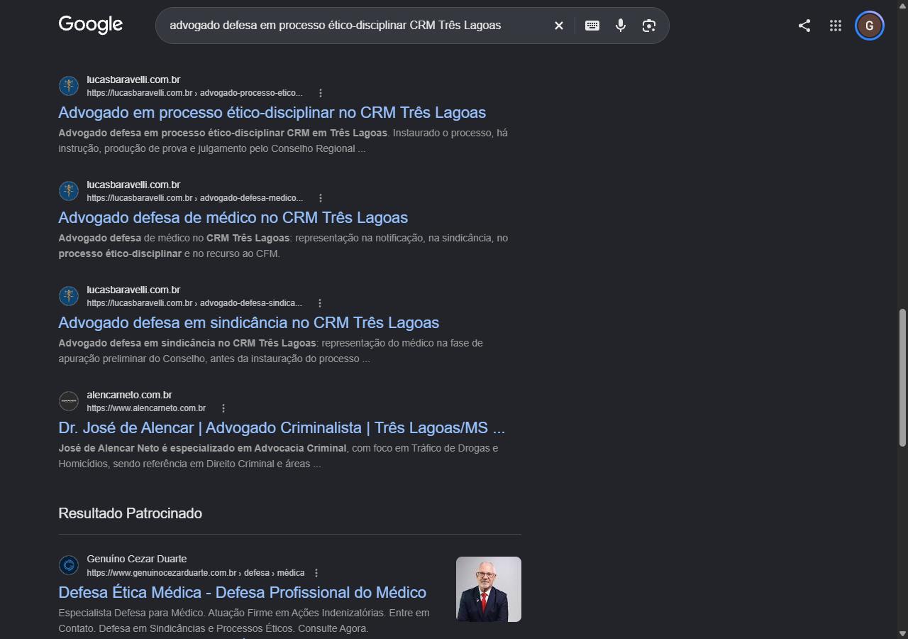 Print do Google com três páginas do site lucasbaravelli.com.br nos três primeiros resultados orgânicos para processo ético-disciplinar no CRM em Três Lagoas