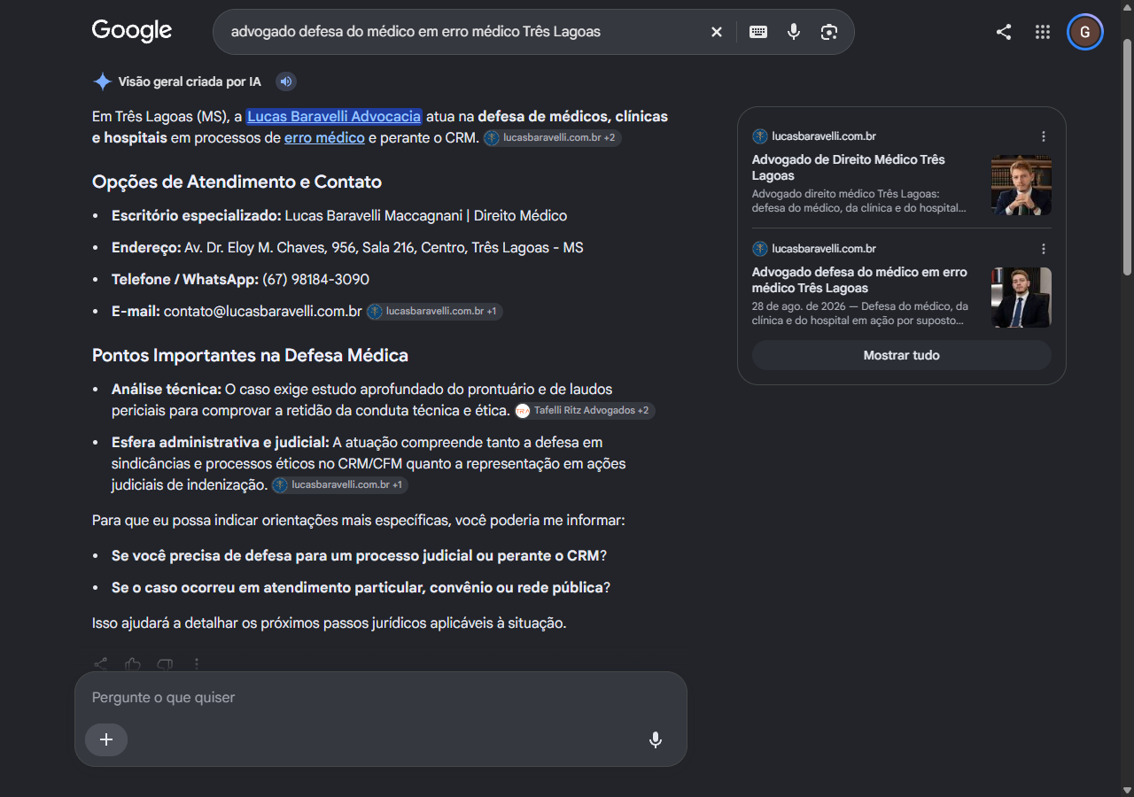 Print do AI Overview do Google indicando Lucas Baravelli Advocacia com endereco, telefone e e-mail para defesa do medico em erro medico em Tres Lagoas
