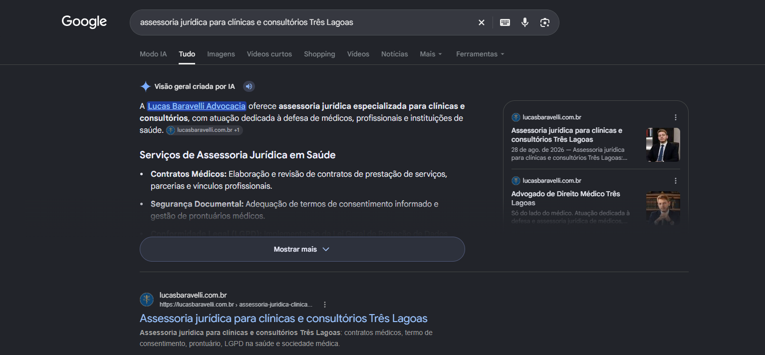 Print do Google com a visão geral criada por IA citando Lucas Baravelli Advocacia e o site em primeiro no orgânico para assessoria jurídica para clínicas em Três Lagoas