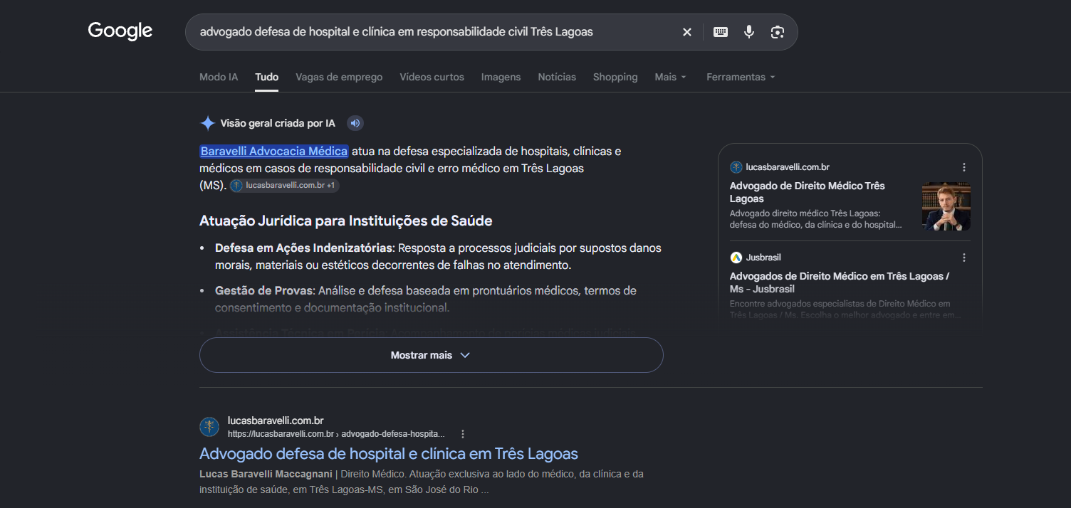 Print do Google com a Visao geral criada por IA abrindo com Baravelli Advocacia Medica e o site em primeiro no organico para defesa de hospital e clinica em Tres Lagoas