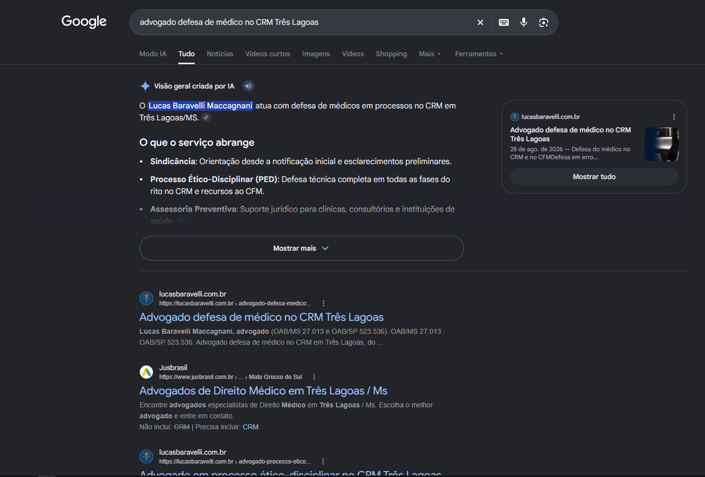 Print do Google com a visão geral criada por IA citando Lucas Baravelli Maccagnani e o site em primeiro no orgânico para defesa de médico no CRM em Três Lagoas