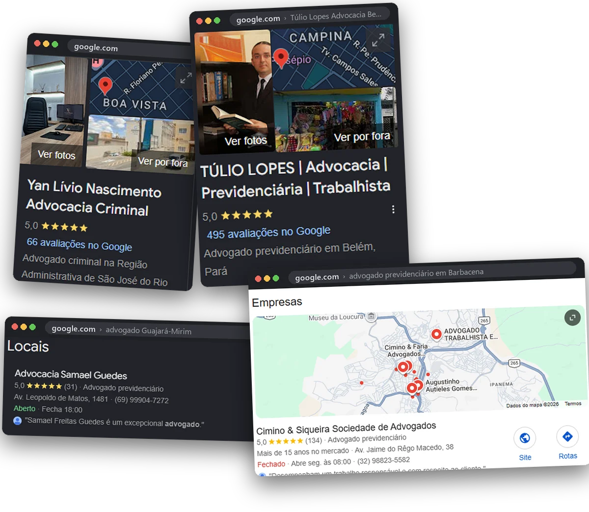 Montagem de prints reais do Google: painéis do Perfil da Empresa da Túlio Lopes Advocacia (nota 5,0, 495 avaliações) e de Yan Lívio Nascimento Advocacia Criminal, e o bloco de empresas com a Advocacia Samael Guedes e o Cimino & Siqueira em primeiro