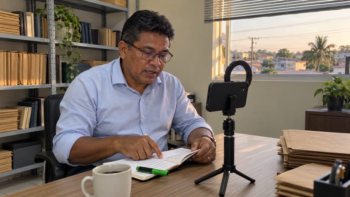 Homem de cerca de 52 anos, de pele morena acobreada, óculos e camisa social azul-clara, sentado à mesa de um escritório pequeno conferindo anotações num caderno antes de gravar um vídeo com o celular preso num tripé
