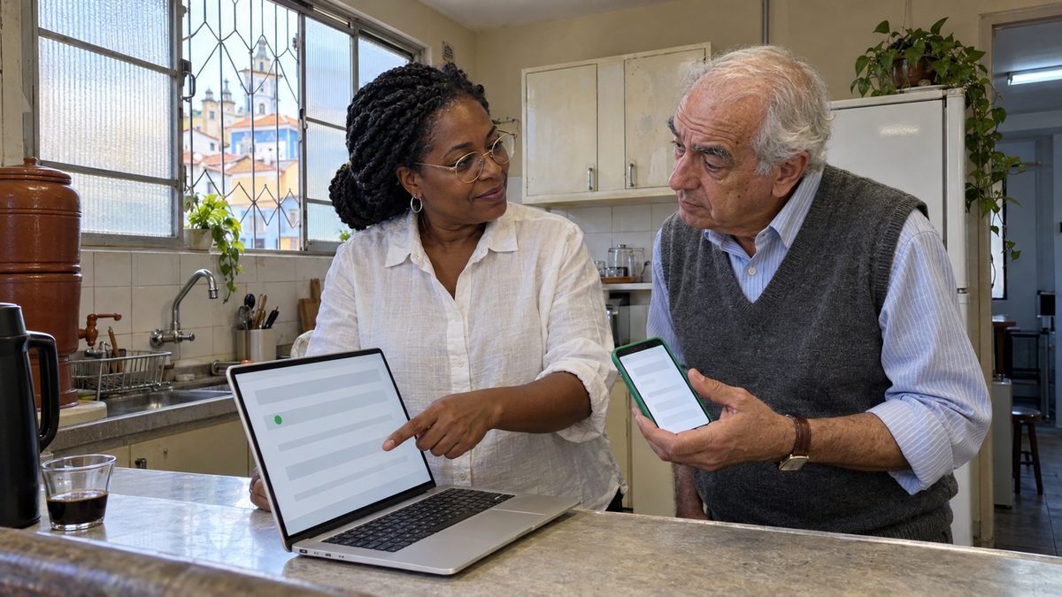 Na copa de um escritório num prédio antigo, um advogado de cabelo branco e colete cinza mostra o celular de capinha verde enquanto a colega, de tranças e óculos redondos, vira o notebook para ele e aponta uma tabela com um ponto verde