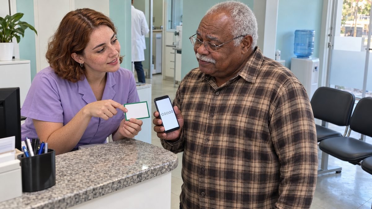 No balcão de granito da recepção de um consultório odontológico, a recepcionista de blusa lilás aponta um cartãozinho branco de borda verde para um senhor de camisa xadrez e óculos, que segura o celular com uma tela de estrelas de avaliação