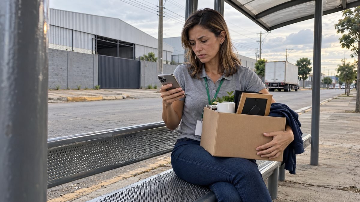 Mulher de cerca de 36 anos, de camiseta polo cinza e crachá numa fita verde, sentada no ponto de ônibus em frente a um galpão industrial, com uma caixa de papelão de pertences no colo, olhando o celular com expressão preocupada
