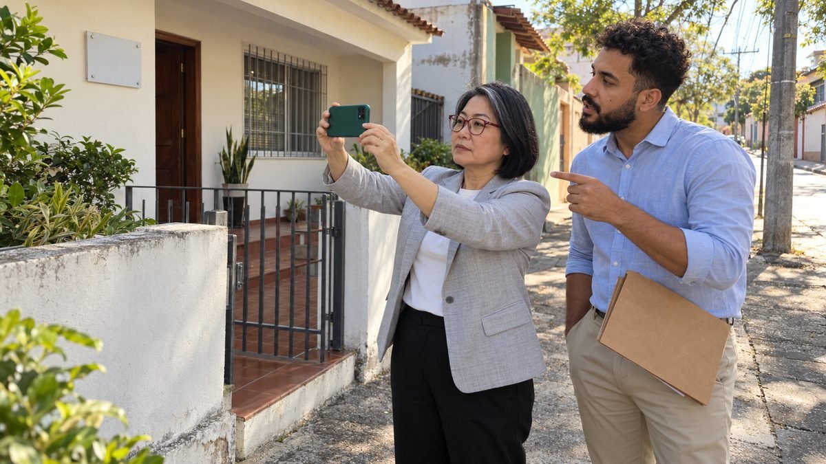 Numa calçada de rua de bairro com casas térreas, uma advogada de cabelo chanel com fios grisalhos e óculos vermelhos ergue o celular de capinha verde para fotografar a fachada do escritório, enquanto o sócio, de barba e com uma pasta parda debaixo do braço, aponta o ponto a enquadrar