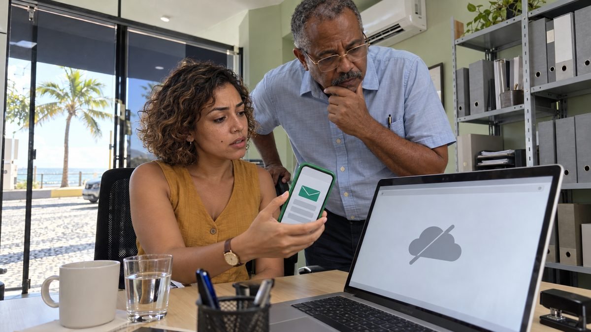 Num escritório térreo de rua com porta de vidro e coqueiro na calçada, um advogado de óculos e camisa azul-clara olha preocupado o notebook com uma página de erro enquanto a colega de blusa mostarda mostra o celular de capinha verde