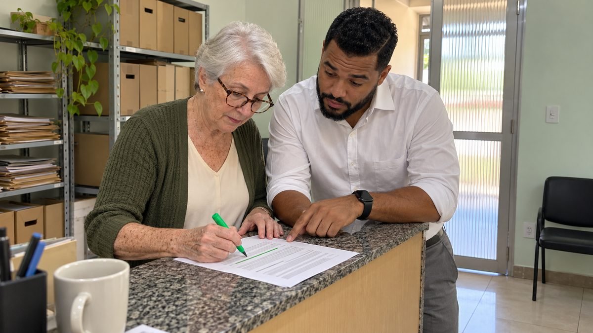 Advogada de cerca de 64 anos, de cabelo branco curto, óculos e cardigã verde-oliva, riscando uma linha de uma folha impressa com marca-texto verde no balcão da recepção de um escritório, enquanto um colega de cerca de 30 anos, de barba e camisa branca, aponta outra linha da folha