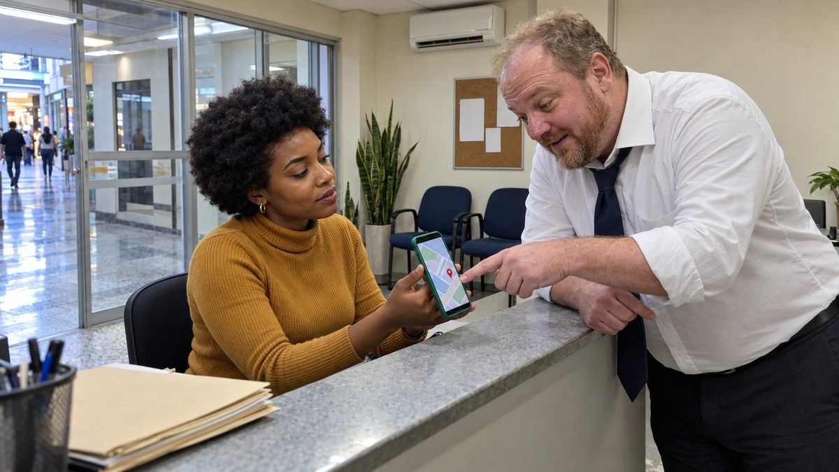 Na recepção de um escritório numa galeria comercial, a secretária de cabelo black power e blusa mostarda mostra o celular de capinha verde com um mapa, e o advogado de barba ruiva grisalha, debruçado no balcão, aponta a tela