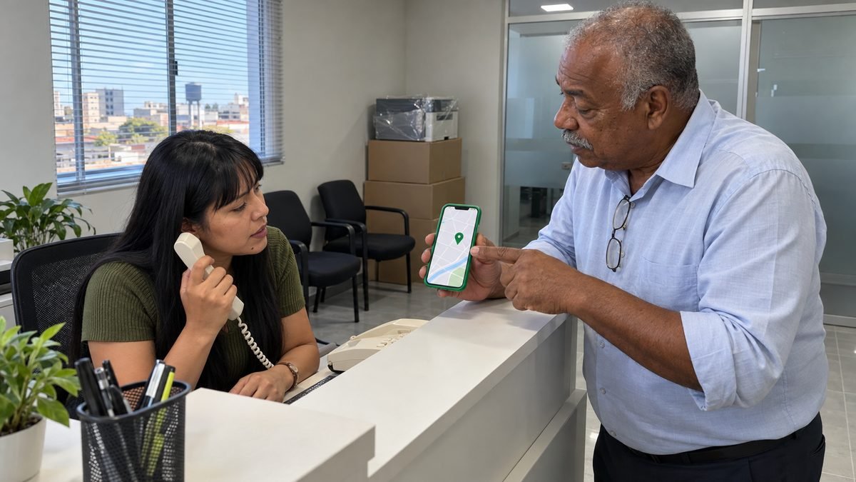 Na recepção de uma sala comercial recém-montada, com caixas de mudança e impressora ainda embalada ao fundo, um advogado grisalho de bigode mostra no celular de capinha verde um mapa com pin verde enquanto a recepcionista, com o fone do telefone fixo na mão, confere com ele
