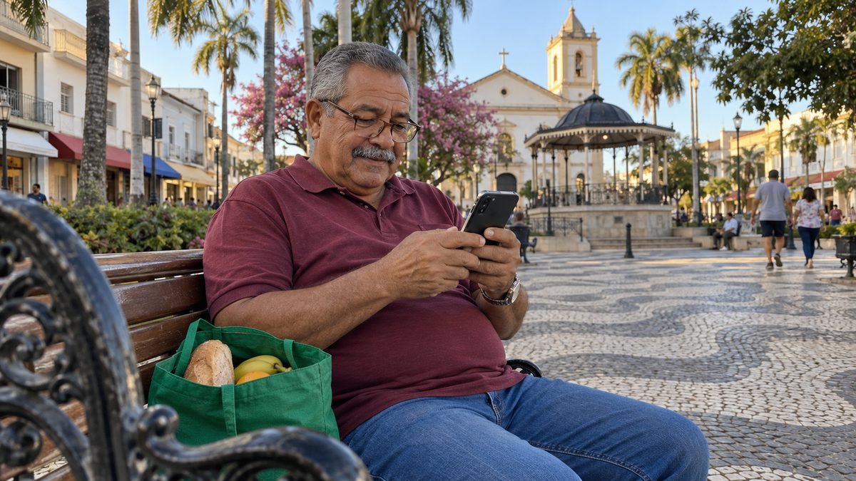Homem de cerca de 58 anos, de bigode grisalho e camisa polo vinho, sentado num banco de praça de cidade do interior rolando o celular, com uma sacola de feira verde ao lado e a igreja matriz e o coreto ao fundo