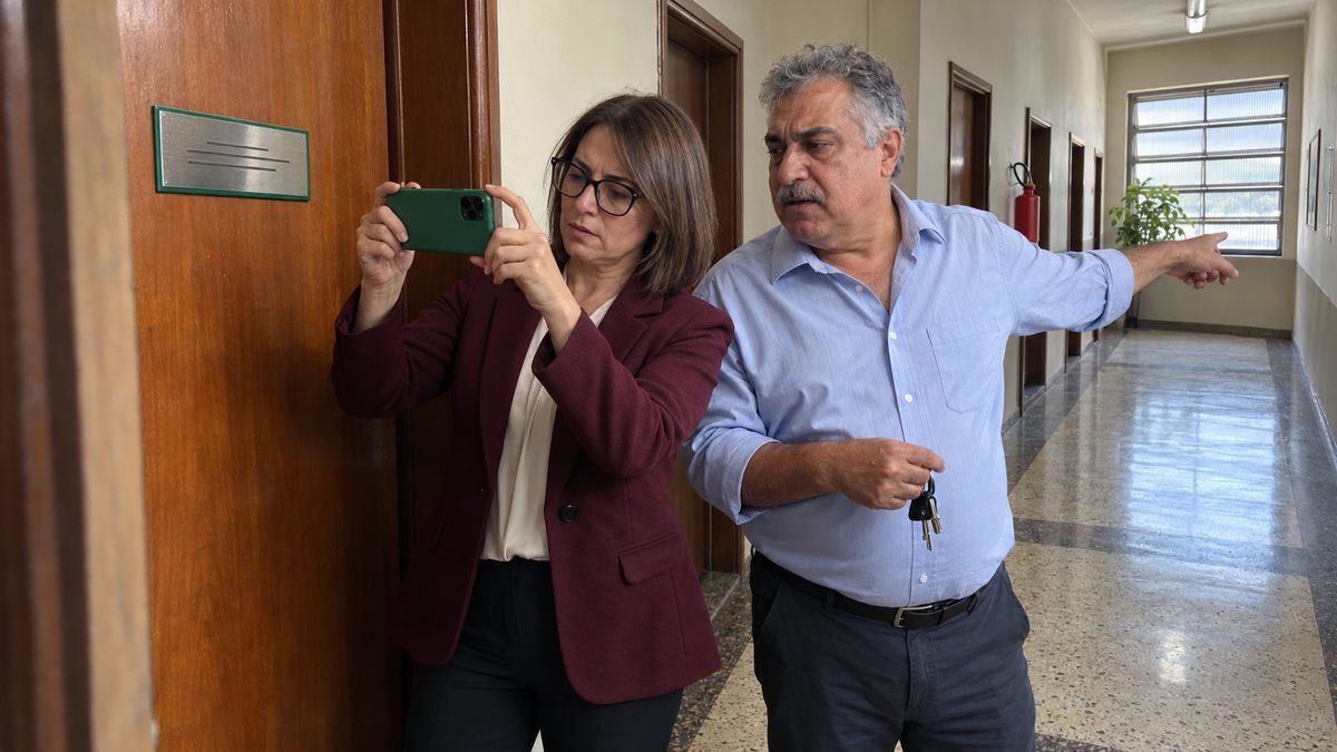 No corredor de um prédio comercial antigo, uma advogada de óculos e blazer vinho grava com o celular de capinha verde a placa de metal na porta da sala, enquanto o sócio de cabelo grisalho e bigode, com as chaves na mão, aponta para a janela no fim do corredor