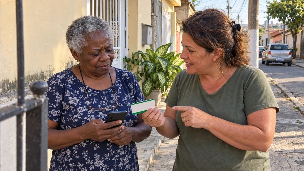 Na calçada em frente a um portão de ferro, uma mulher de blusa de malha estampada de flores azul e cabelo crespo grisalho segura o celular enquanto a vizinha de camiseta verde-musgo lhe entrega um cartão de visita e aponta para ele