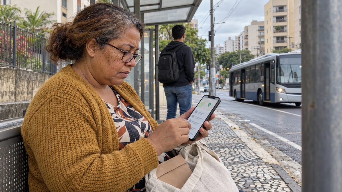 Mulher sentada num ponto de ônibus pesquisando no celular, com um mapa e um marcador verde na tela
