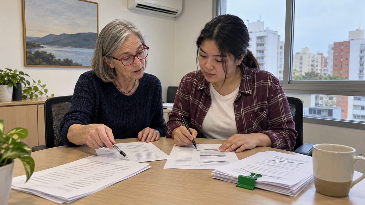 Duas mulheres numa mesa de reunião revisando folhas impressas e riscando linhas, com uma pilha presa por um clipe verde