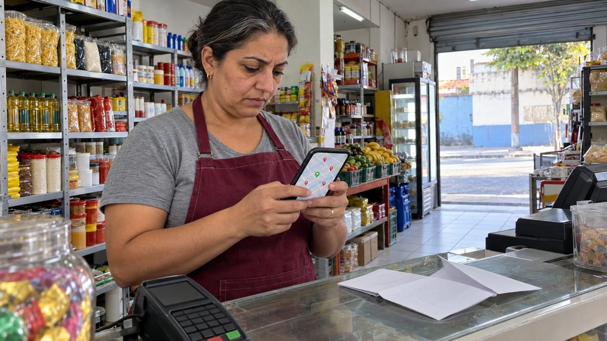 Mulher de cerca de 45 anos, de cabelo preto preso e avental bordô, atrás do balcão de uma mercearia de bairro olhando um mapa com pins no celular, com uma carta aberta sobre o balcão