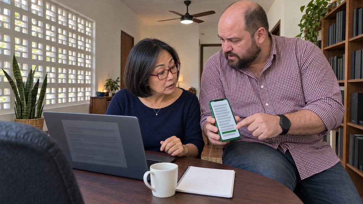 Num escritório nos fundos de uma casa com parede de cobogó, um advogado de barba cheia, sentado na quina da mesa, aponta no celular de capinha verde uma barra verde lá embaixo numa lista de resultados enquanto a sócia, de óculos vermelhos, se inclina do notebook para conferir