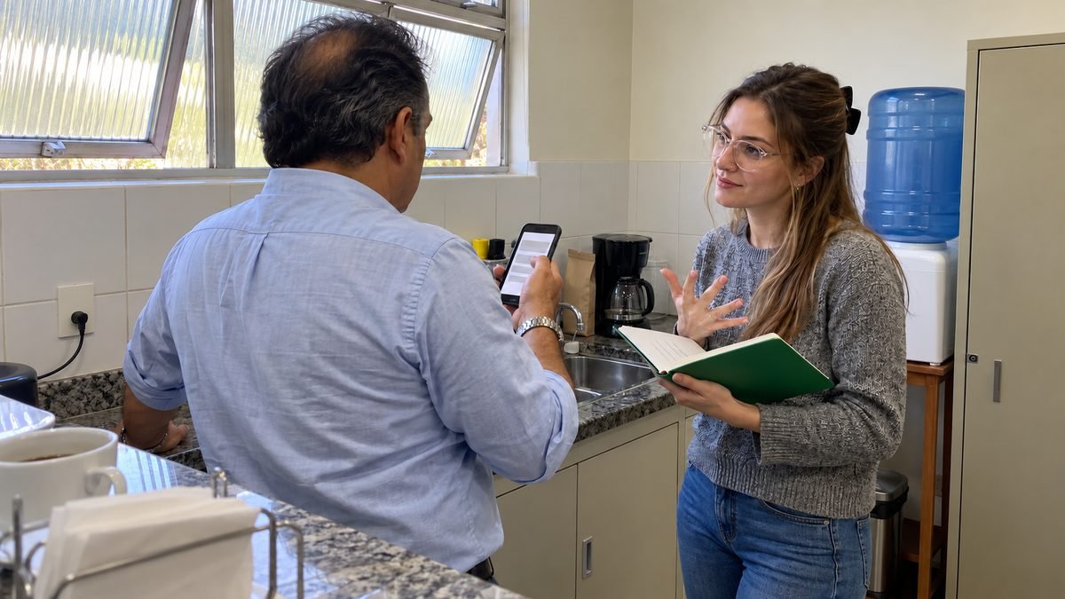 Na copa de um escritório, um advogado de camisa azul-clara, de costas, lê o celular enquanto uma estagiária de óculos e suéter cinza, com um caderno de capa verde aberto na mão, comenta o que ele leu
