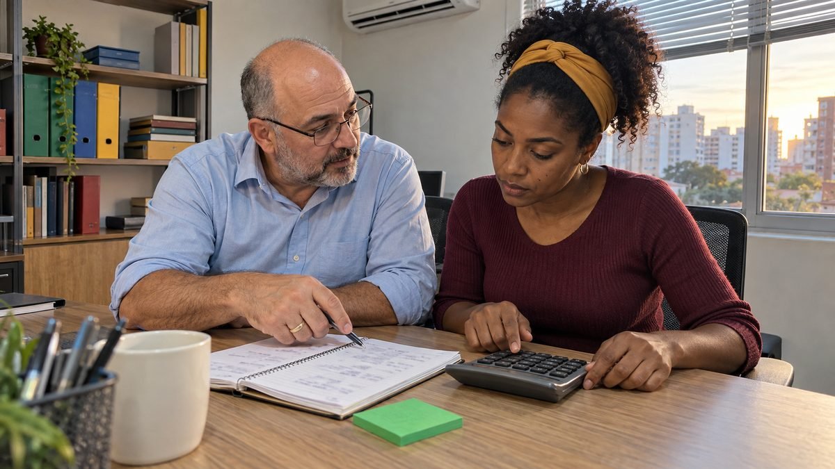 Dois sócios de um escritório pequeno sentados lado a lado, ela digitando numa calculadora e ele apontando anotações num caderno, com um bloco de post-it verde sobre a mesa