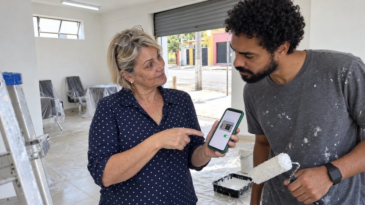 Numa sala de escritório térrea em reforma, com lona no chão, cadeiras embaladas e a porta de aço meio levantada para a rua, uma advogada de cabelo loiro curto mostra no celular de capinha verde a tela de um perfil com interruptor verde ao colega de barba, que segura um rolo de pintura