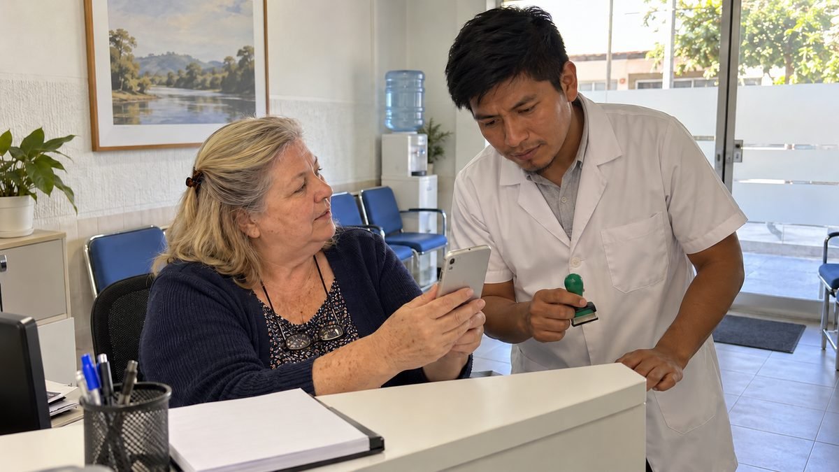 No balcão da recepção de um consultório, uma secretária de cabelo loiro e cardigã azul-marinho mostra o celular a um médico de jaleco branco, que confere a tela segurando um carimbo de cabo verde
