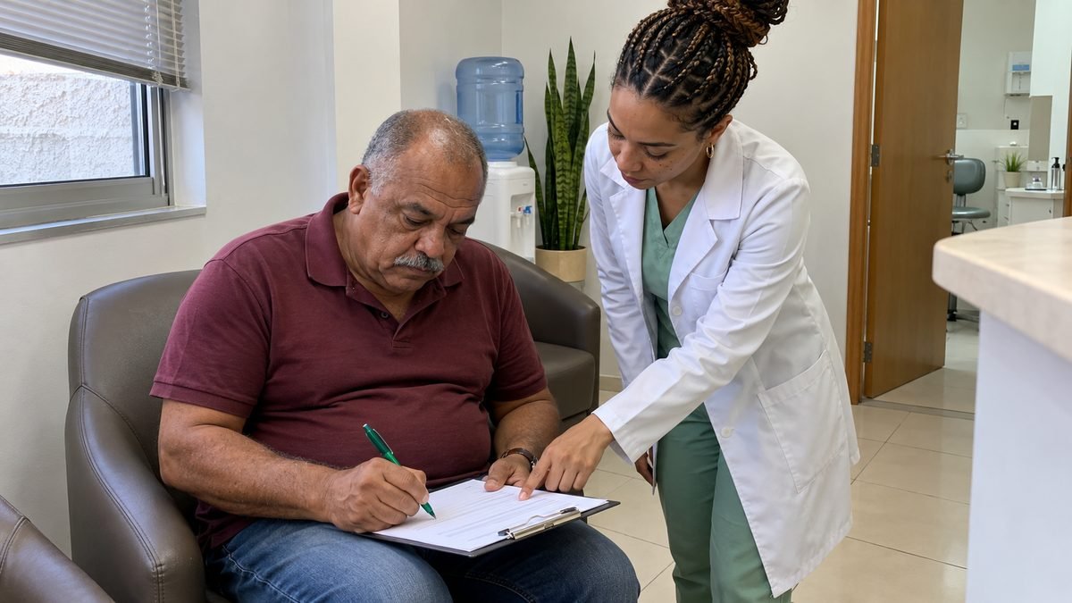 Na recepção de um consultório odontológico, um homem de bigode grisalho e camisa polo vinho assina um termo numa prancheta com caneta verde, enquanto a dentista de jaleco branco e tranças presas aponta um ponto da folha