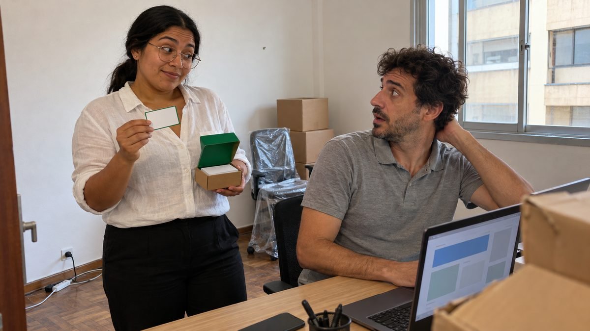 Numa sala comercial recém-alugada, com caixas de mudança e uma cadeira ainda no plástico, a sócia de óculos redondos e camisa de linho branca mostra um cartão de visitas tirado de uma caixinha de tampa verde ao sócio de cabelo cacheado, que está diante do notebook e coloca a mão na nuca