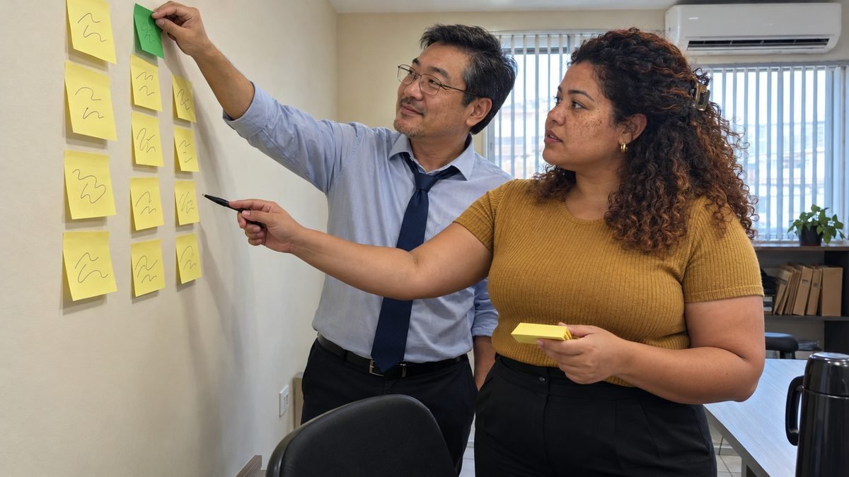 Advogado nipo-brasileiro de cerca de 45 anos, de óculos e gravata afrouxada, cola uma folha adesiva verde na parede de uma sala de reunião enquanto uma colega parda de cabelo cacheado, de blusa mostarda, aponta outra coluna de folhas amarelas com a caneta