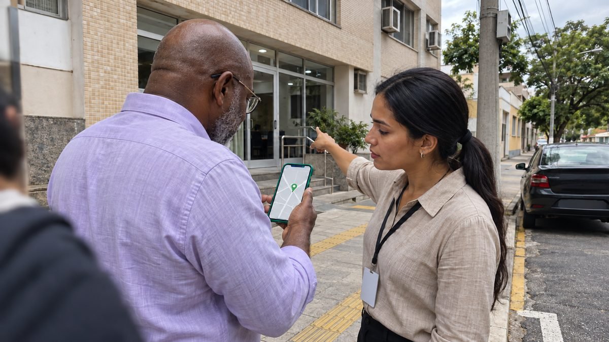 Na calçada em frente a um prédio comercial, um advogado careca de barba grisalha e camisa lilás mostra no celular um mapa com um pin verde, enquanto uma colega de rabo de cavalo e camisa bege aponta para a entrada do prédio