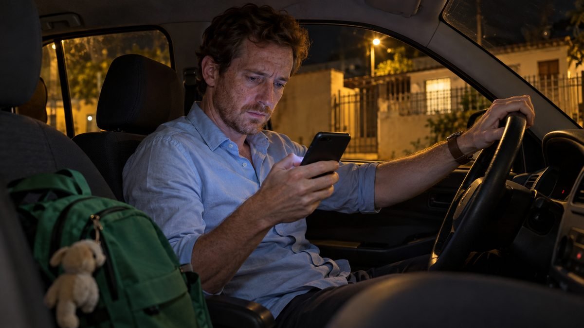 Homem de cerca de 40 anos, de cabelo castanho-avermelhado e camisa azul-clara, sentado no carro estacionado à noite olhando o celular, com uma mochila escolar infantil verde no banco do passageiro