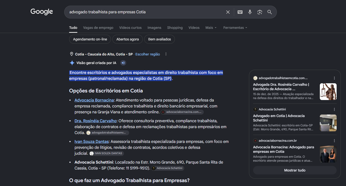 Print da visão geral criada por IA do Google com a Advocacia Bornacina em primeiro entre os escritórios de Cotia para advogado trabalhista para empresas