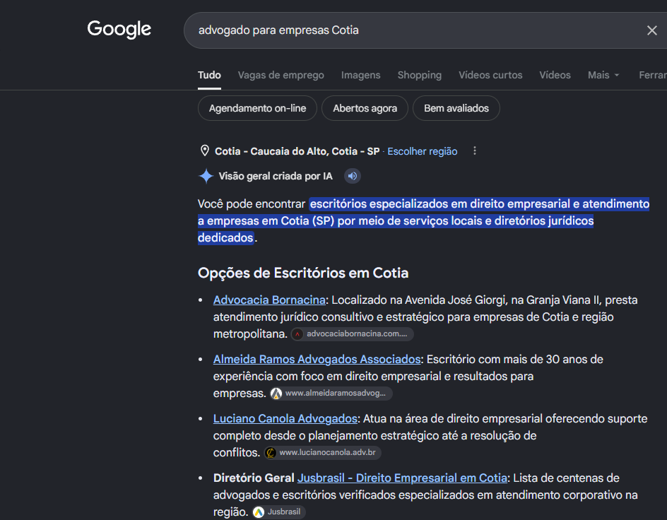 Print da visão geral criada por IA do Google com a Advocacia Bornacina em primeiro nas opções de escritórios em Cotia, com o endereço na Avenida José Giorgi