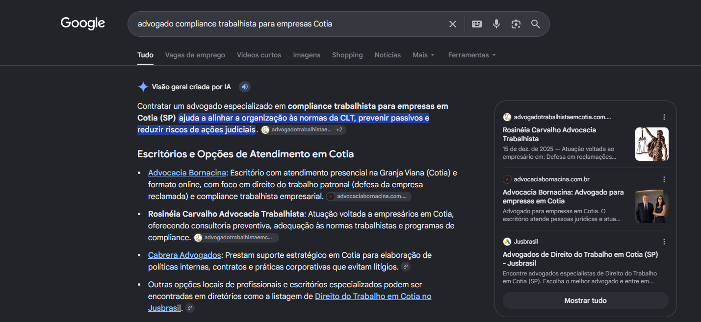 Print do AI Overview do Google com Advocacia Bornacina em primeiro nos Escritorios e Opcoes de Atendimento em Cotia para advogado compliance trabalhista para empresas Cotia