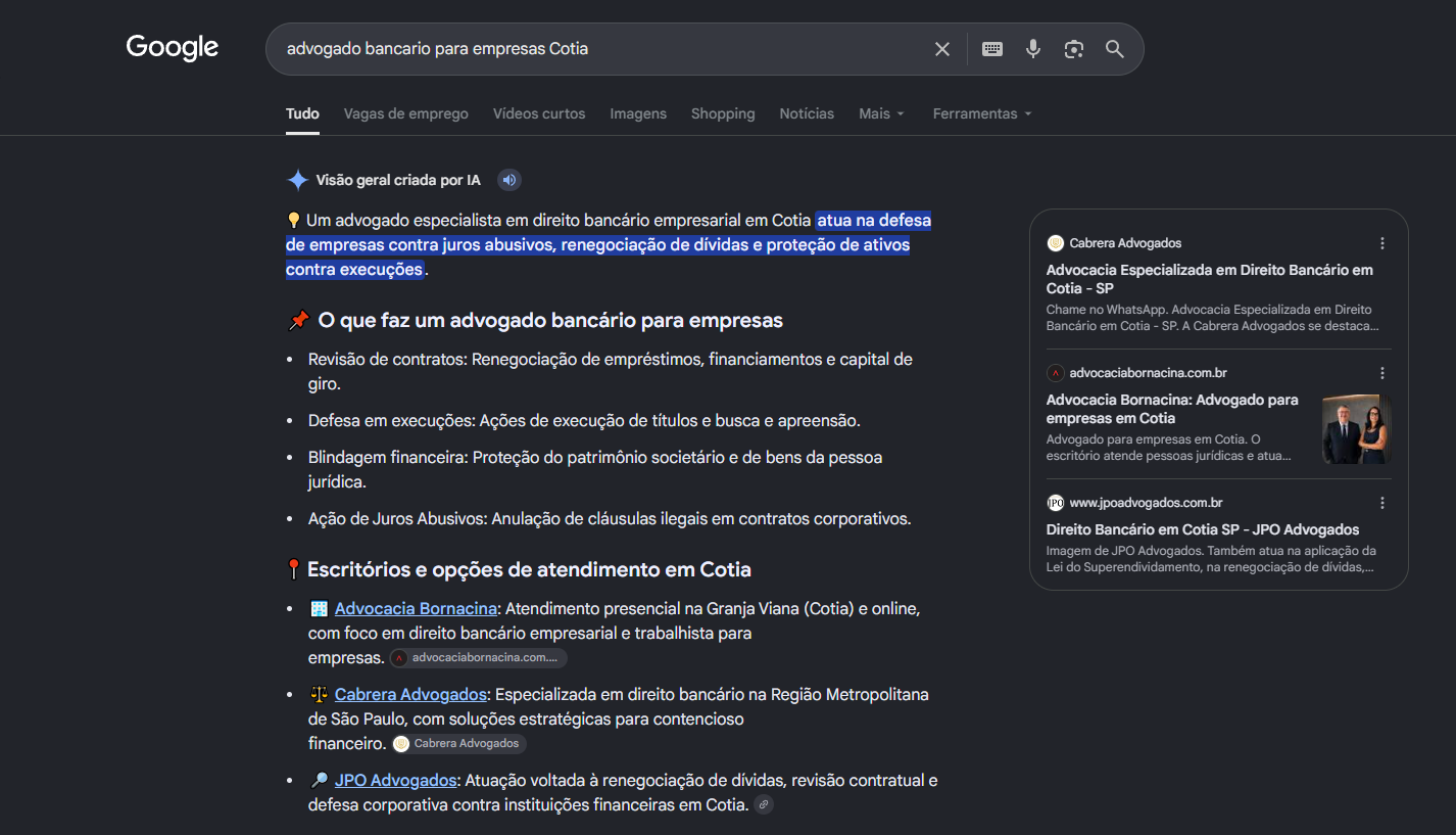 Print do AI Overview do Google com Advocacia Bornacina em primeiro nos Escritorios e opcoes de atendimento em Cotia para advogado bancario para empresas Cotia
