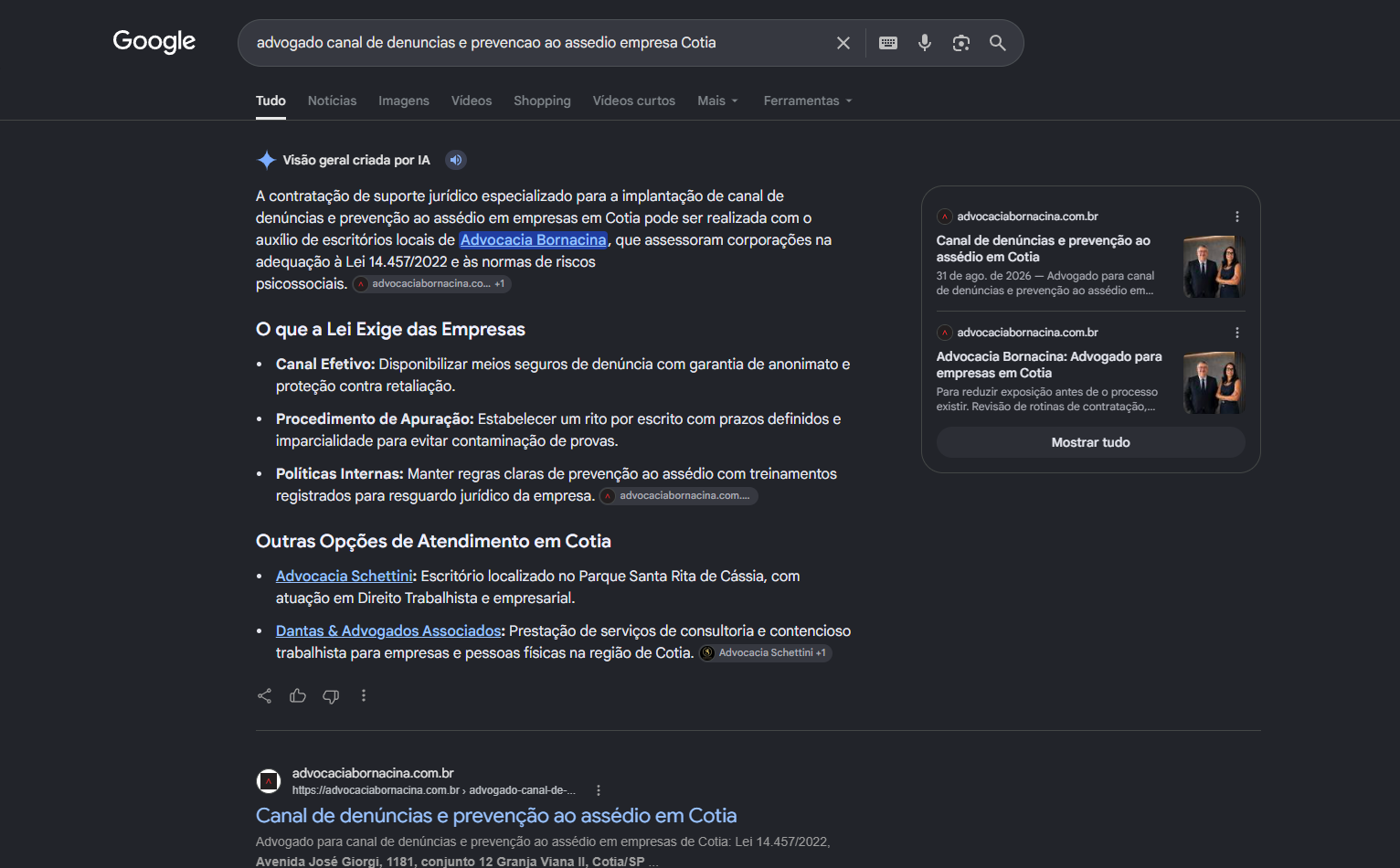 Print do Google com a visão geral criada por IA citando a Advocacia Bornacina e a página de canal de denúncias do site em primeiro no orgânico em Cotia
