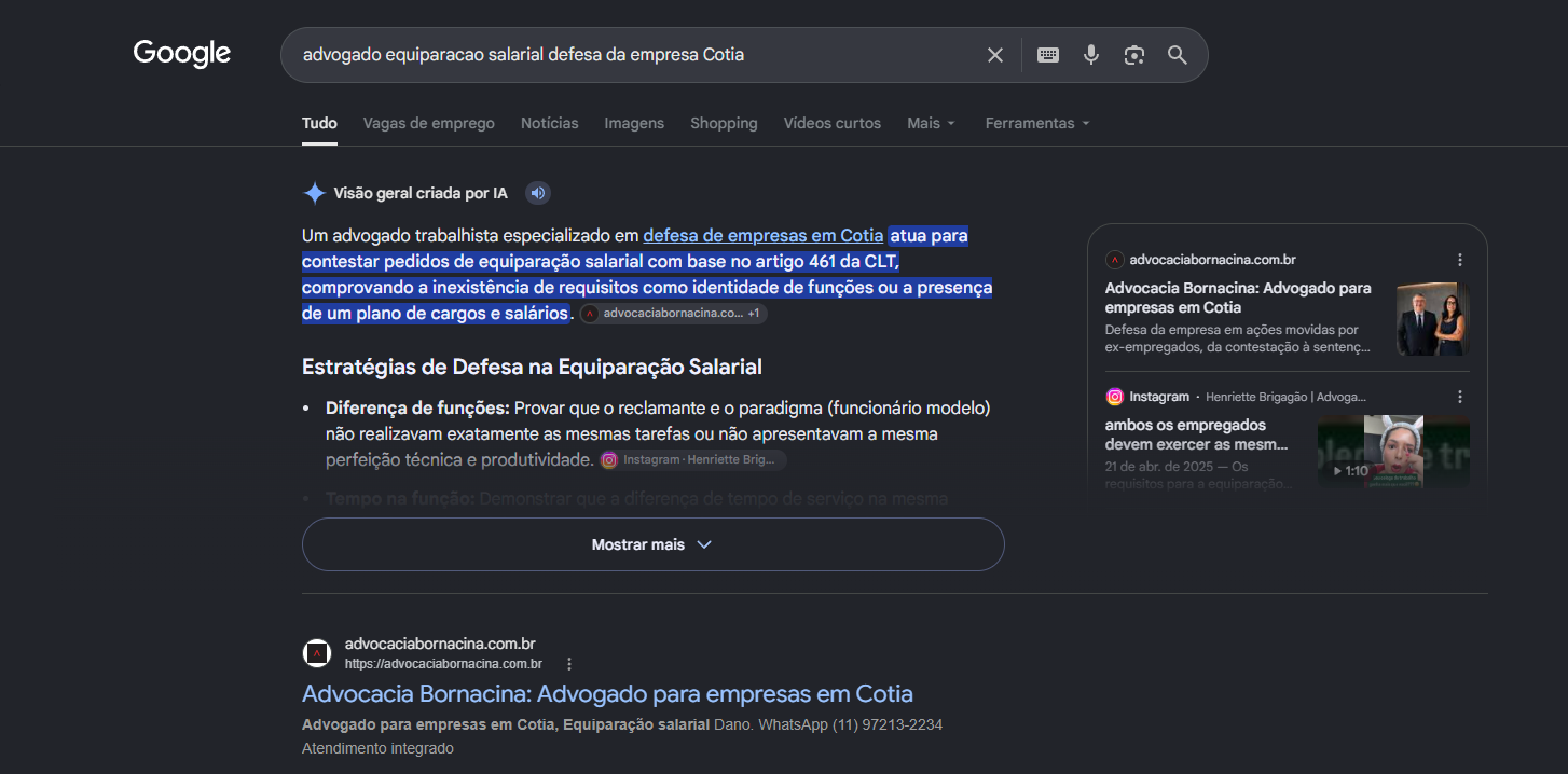 Print do Google com a Visão geral criada por IA usando o site da Advocacia Bornacina como fonte e a página em primeiro no orgânico para equiparação salarial, defesa da empresa, em Cotia