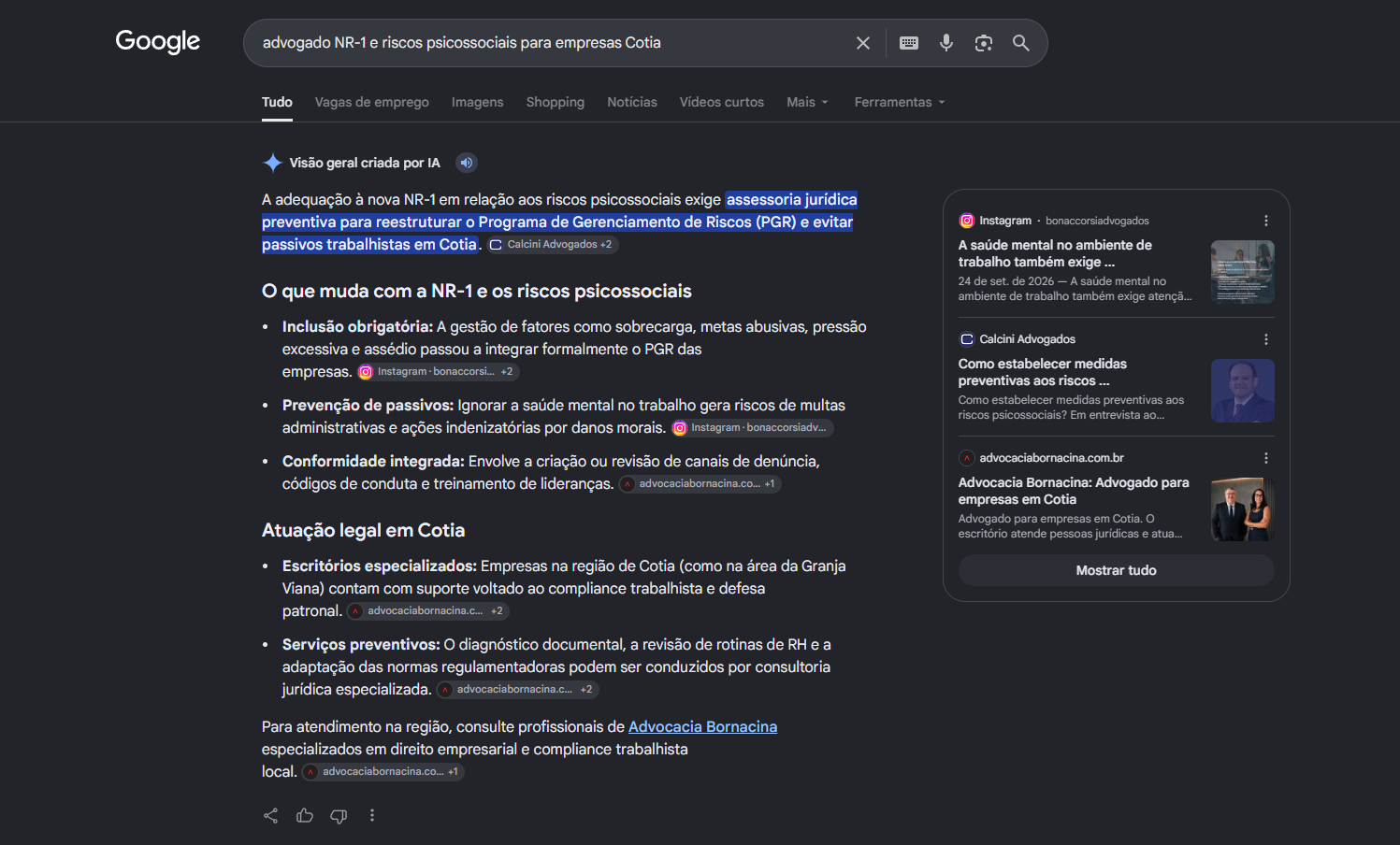 Print do AI Overview do Google indicando Advocacia Bornacina para atendimento em NR-1 e riscos psicossociais em Cotia