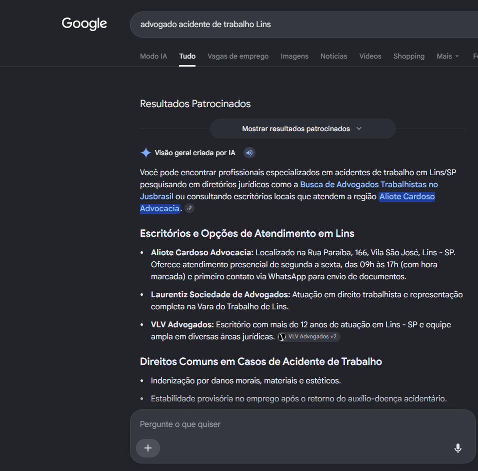 Print da visão geral criada por IA do Google citando a Aliote Cardoso Advocacia e abrindo as opções de atendimento em Lins para acidente de trabalho