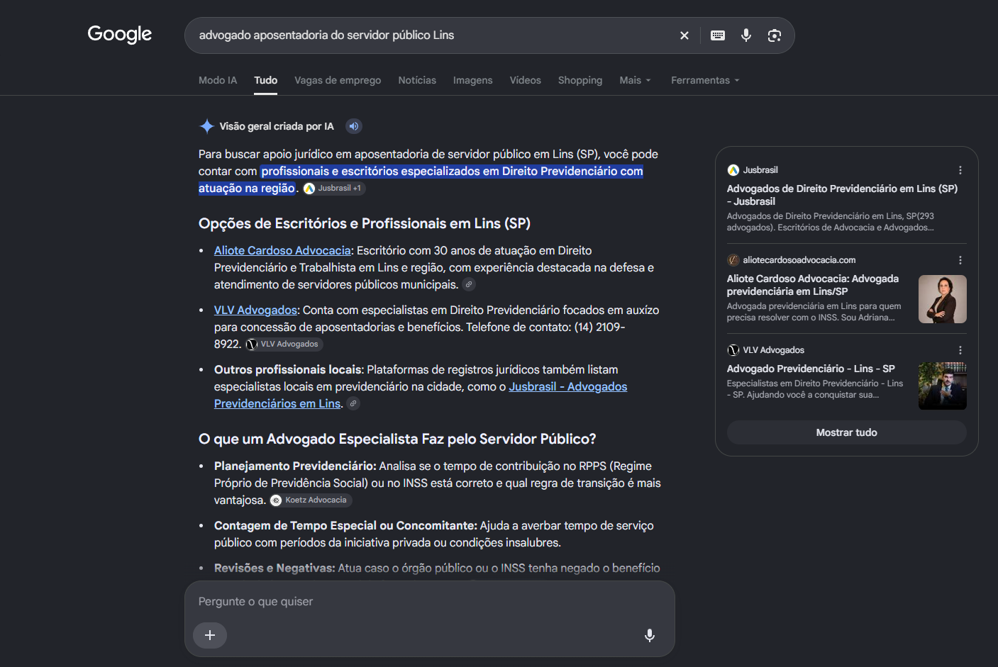 Print do AI Overview do Google com a Aliote Cardoso Advocacia em primeiro nas opcoes de escritorios em Lins para aposentadoria do servidor publico e o site entre as fontes