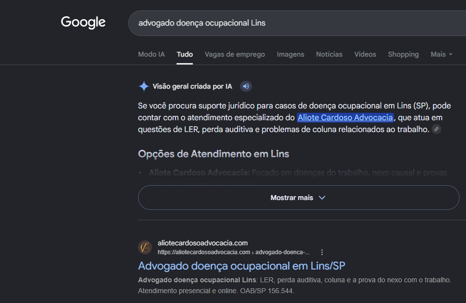 Print da visão geral criada por IA do Google citando a Aliote Cardoso Advocacia para doença ocupacional em Lins, com o site em primeiro no orgânico logo abaixo