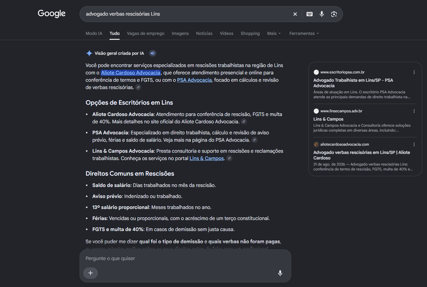 Print do AI Overview do Google com a Aliote Cardoso Advocacia em primeiro nas opcoes de escritorios em Lins para verbas rescisorias e a pagina do site entre as fontes