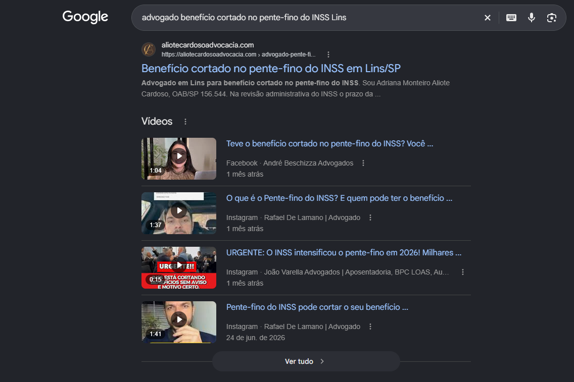 Print do Google com a página de benefício cortado no pente-fino do INSS da Aliote Cardoso Advocacia em primeiro no orgânico em Lins