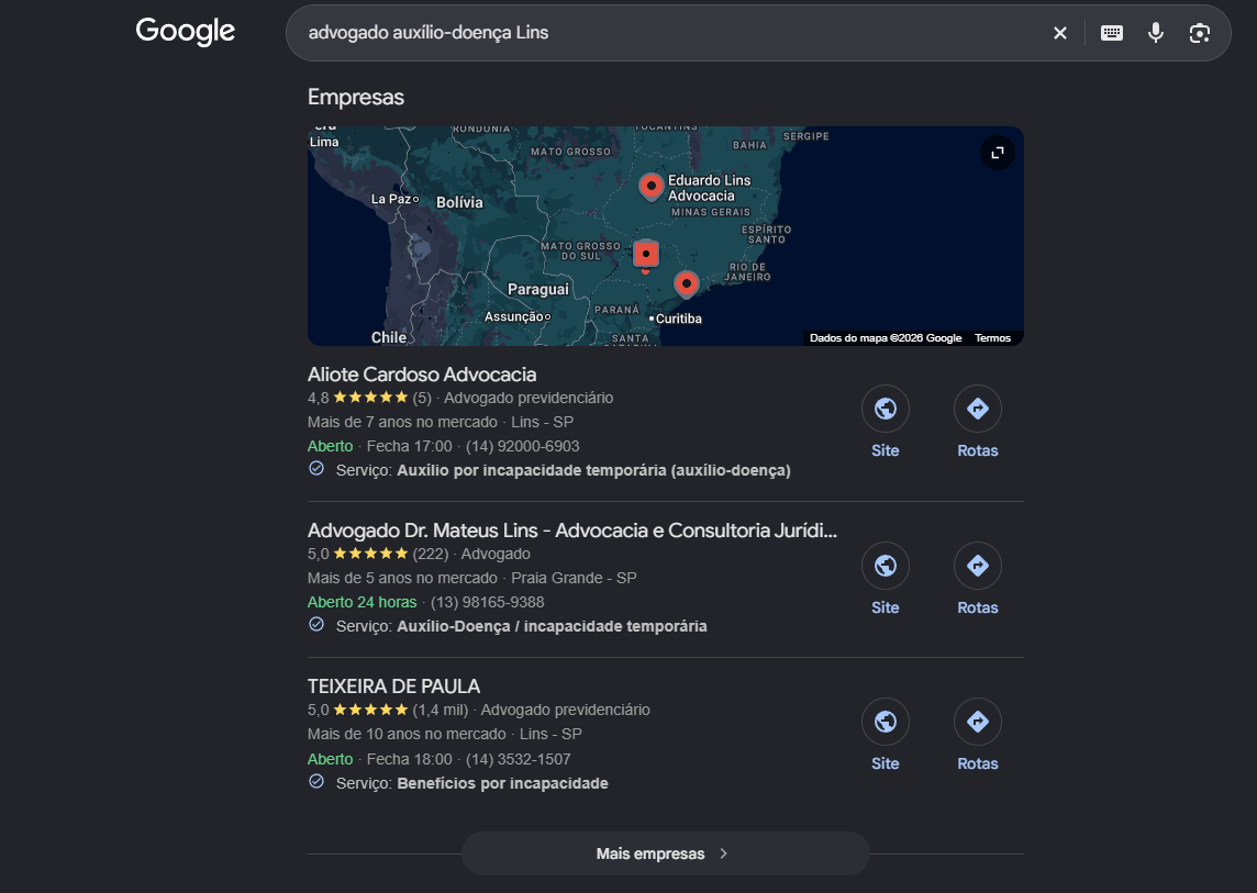 Print do Google com a ficha da Aliote Cardoso Advocacia em primeiro no bloco de empresas para auxílio-doença em Lins
