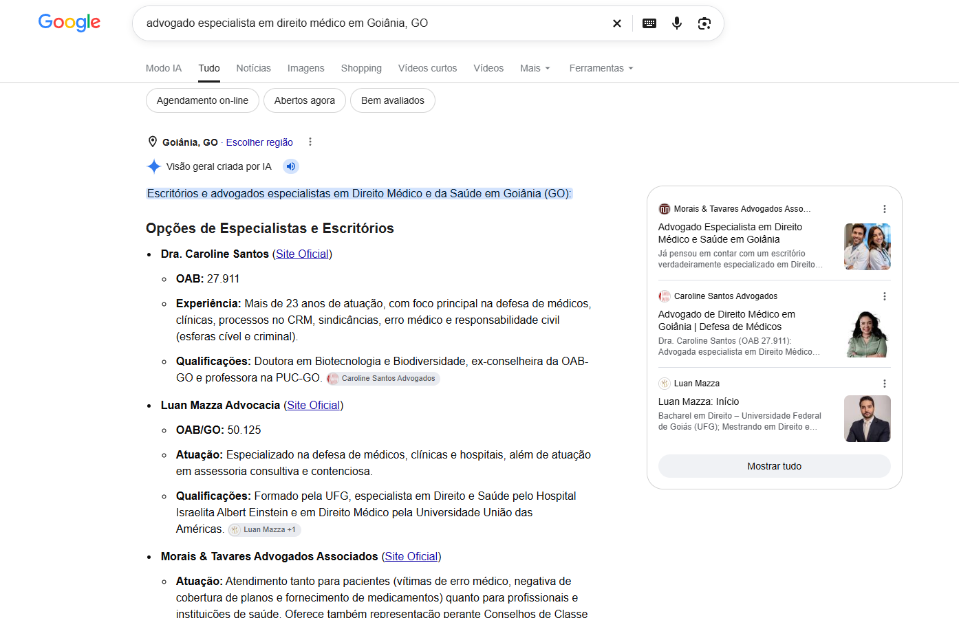 Print do AI Overview do Google listando Dra. Caroline Santos em primeiro entre os especialistas em direito medico em Goiania