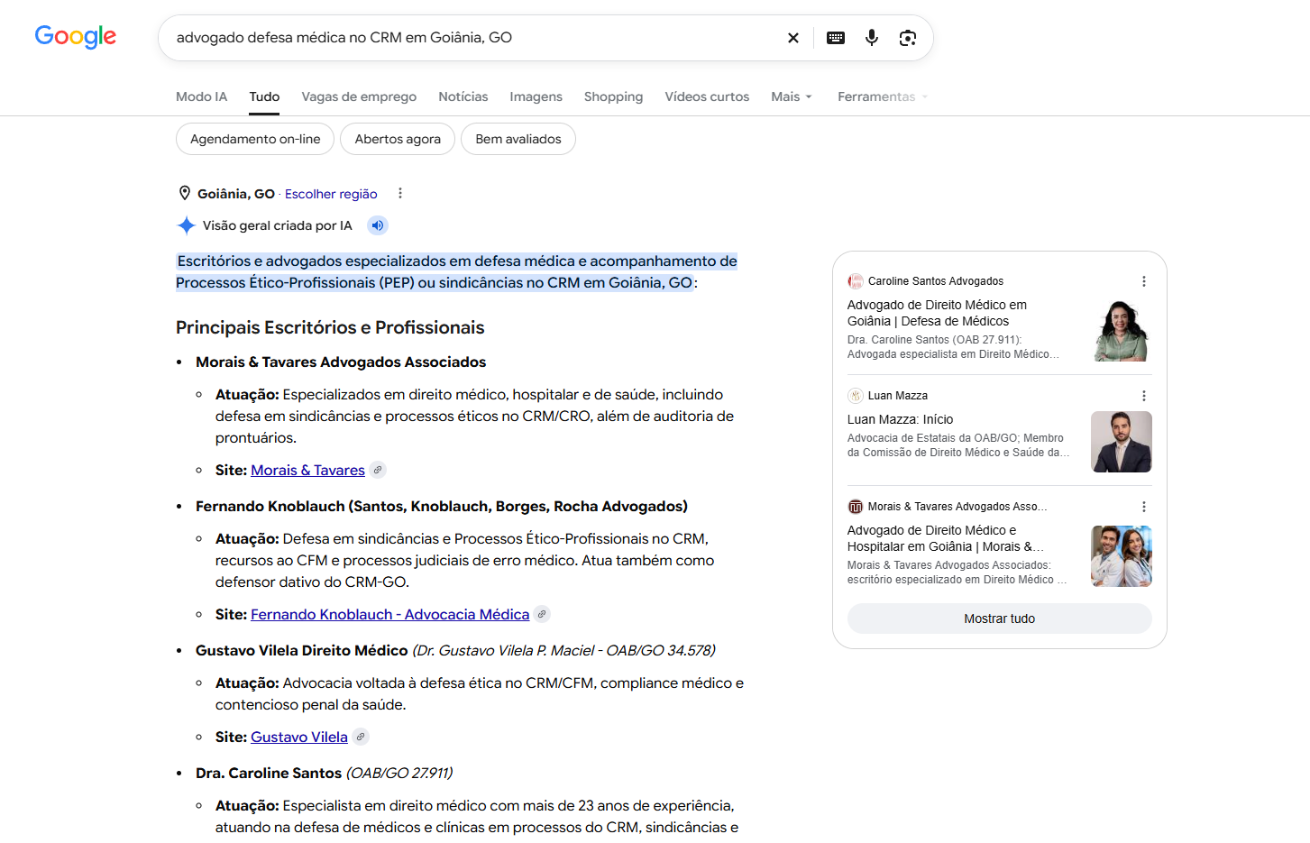 Print do Google com Caroline Santos Advogados em primeiro no painel de fontes da Visao geral criada por IA para advogado defesa medica no CRM em Goiania