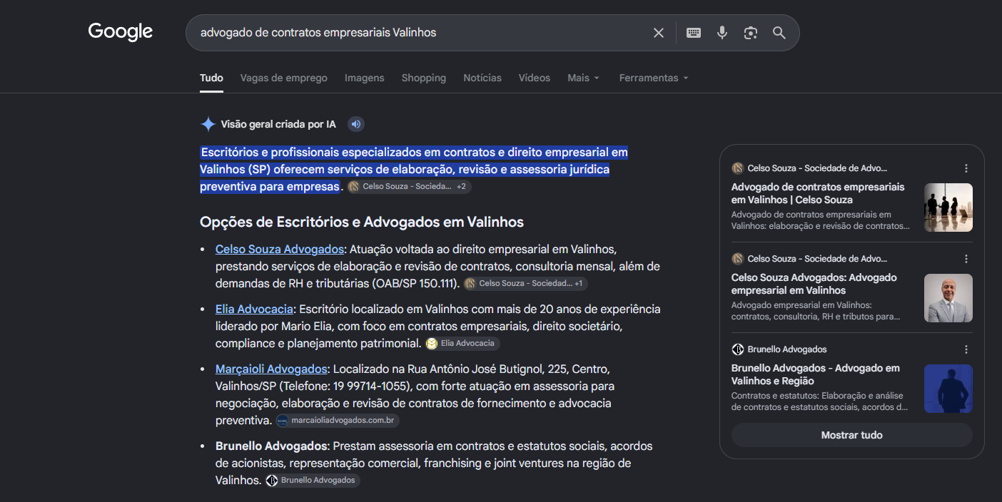 Print do AI Overview do Google com Celso Souza Advogados em primeiro nas Opcoes de Escritorios e Advogados em Valinhos para advogado de contratos empresariais